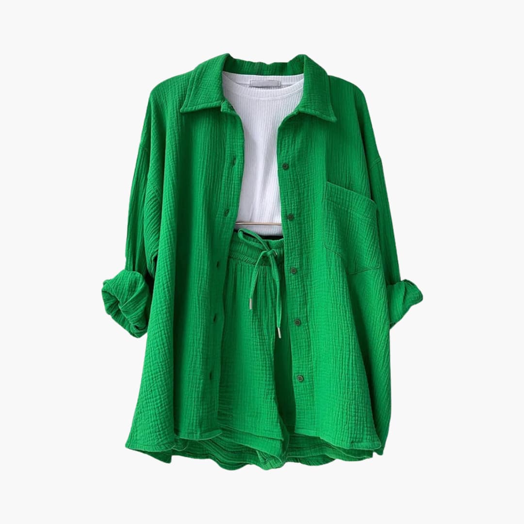 Lara™ - Bekväm Lös Button Top Och Kort 2-delat Set