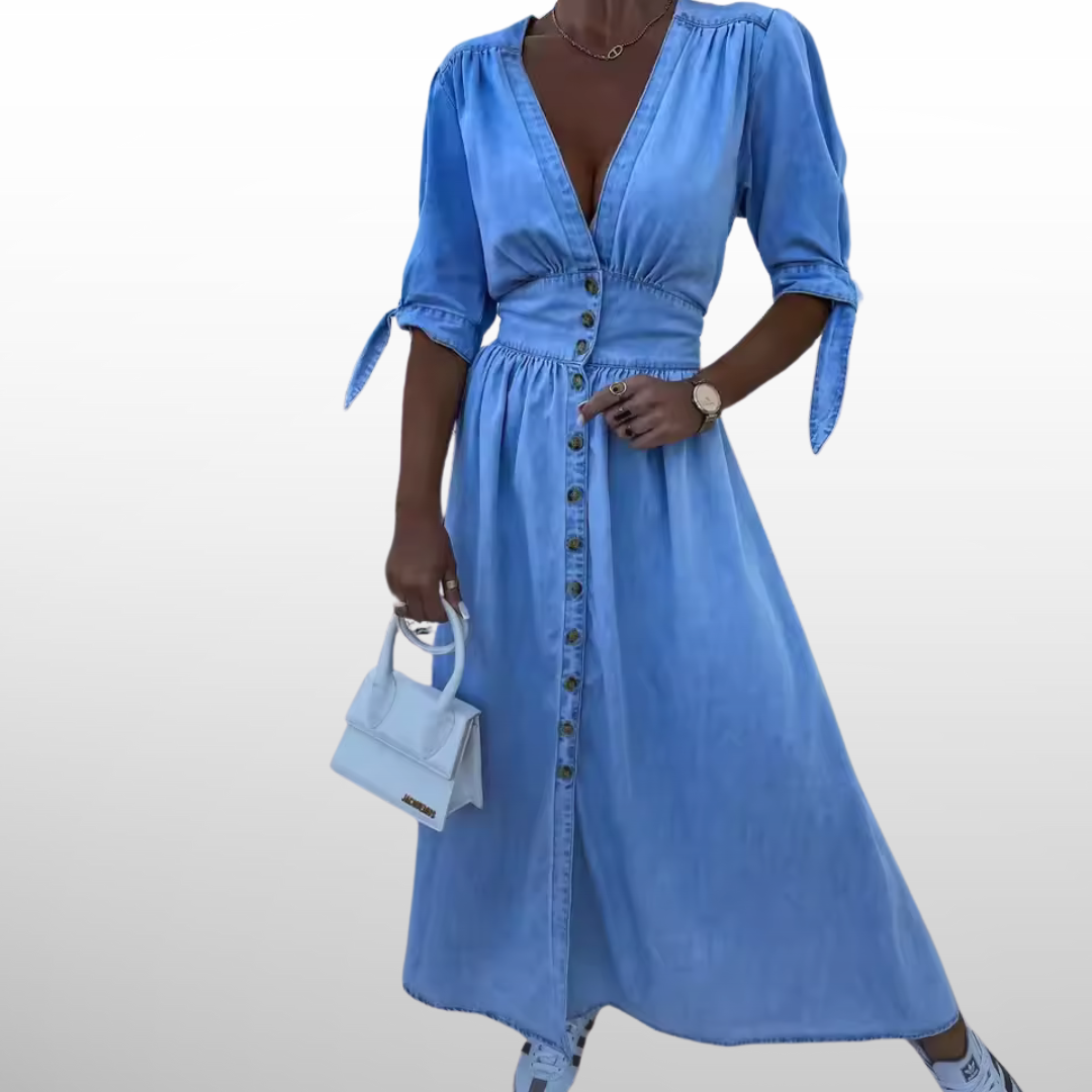 Camille™ - Elegant Vintage Jeansklänning med Knappar