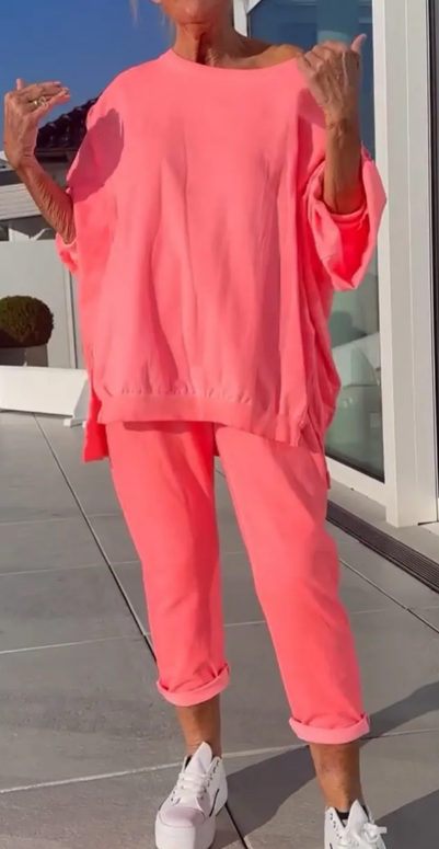 Louniva™ - Kvinnors Lediga Tvådelade Set med Rundhalsad Topp och Byxor