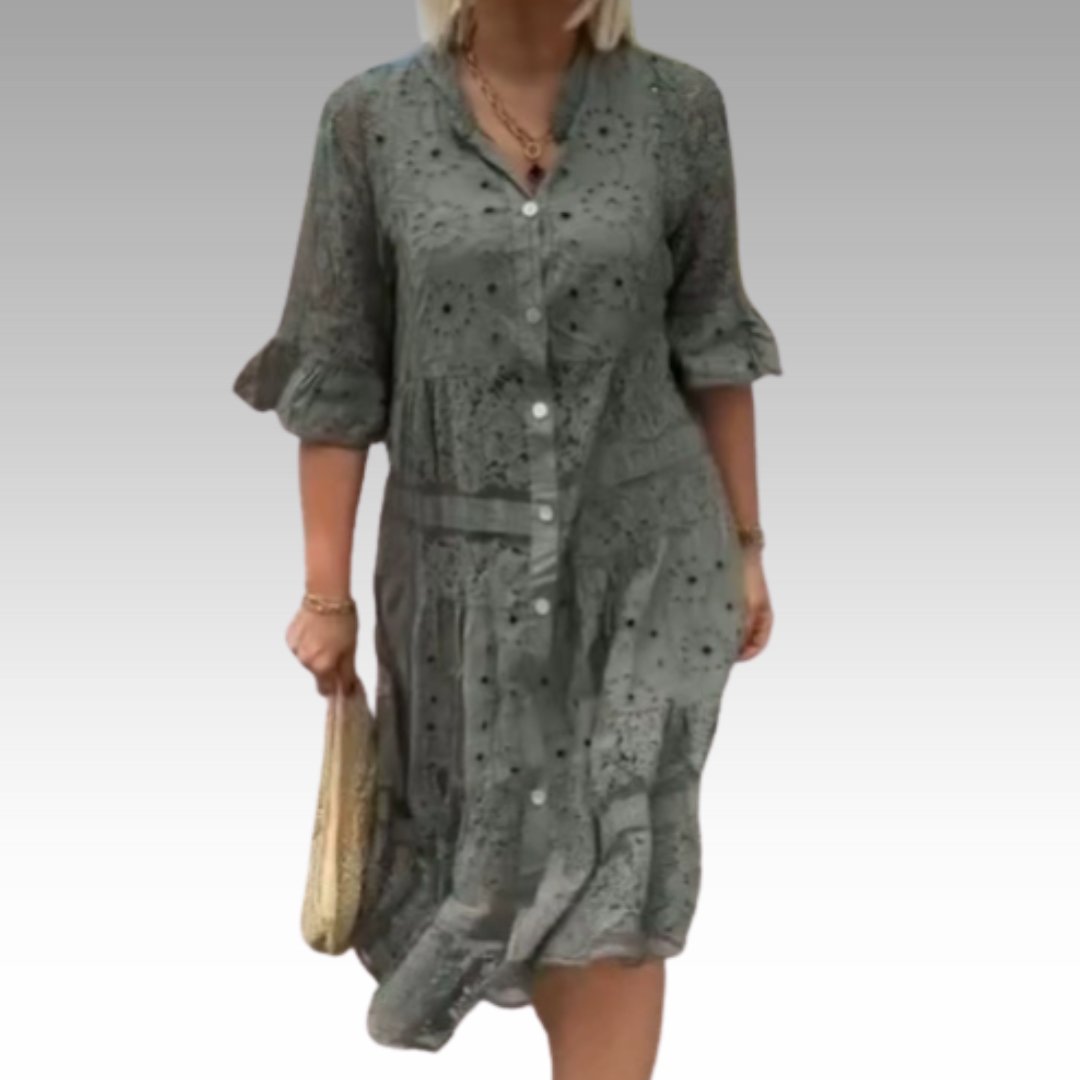 Emberly™ - Ledig Klänning med Broderi och Knäppning