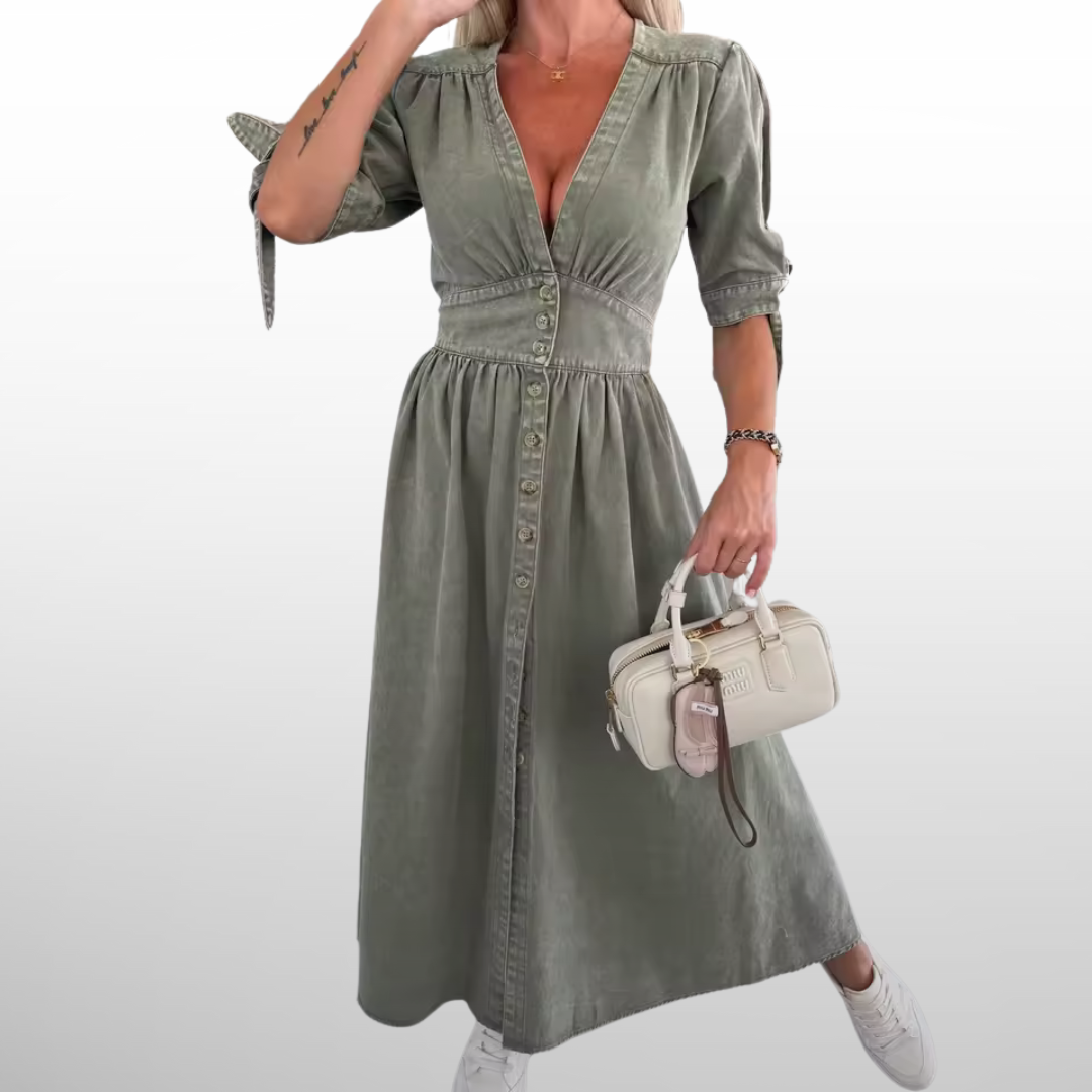 Camille™ - Elegant Vintage Jeansklänning med Knappar