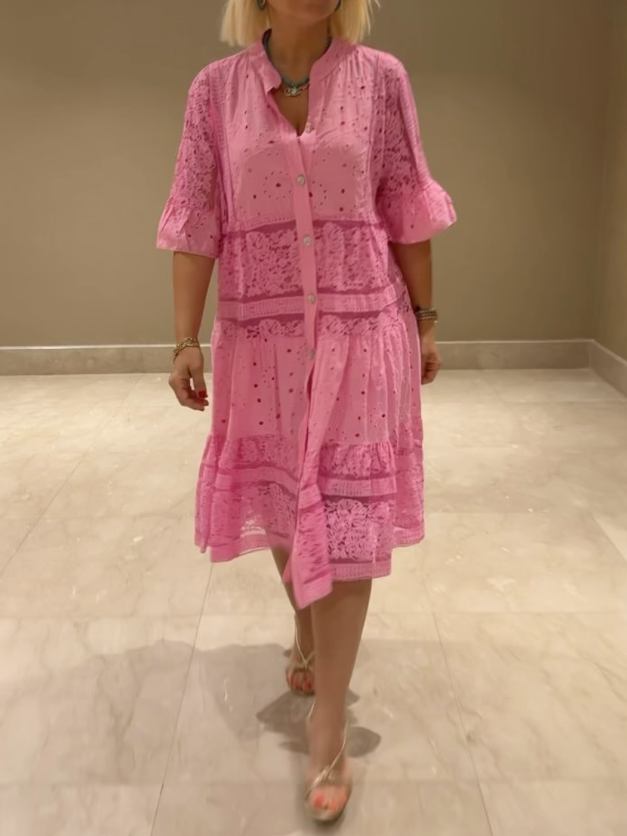 Emberly™ - Ledig Klänning med Broderi och Knäppning